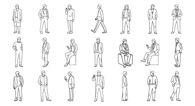 Diverse minimalist line art illustrations of people in various poses, perfect for architectural renderings, urban planning, and graphic design projects.