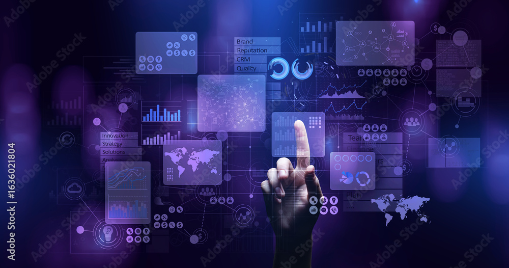 Aufkleber business intelligence analyst dashboard on virtual screen. big data graphs charts.