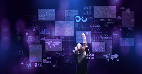 Fototapeta na wymiar Business intelligence analyst dashboard on virtual screen. Big data Graphs Charts.