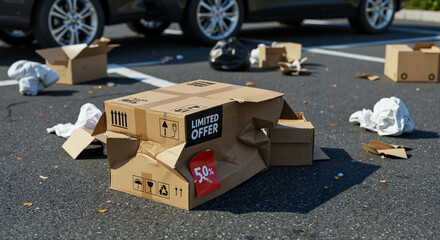 Crushed box with "Limited Offer" text on shopping mall parking lot, Black Friday aftermath