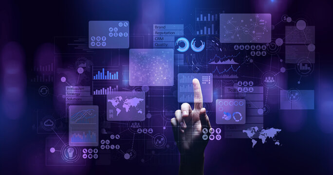 Business intelligence analyst dashboard on virtual screen. Big data Graphs Charts.