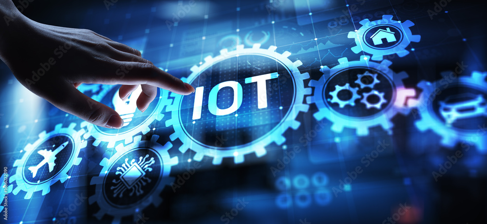 Poster iot internet of things digital transformation modern technology concept on virtual screen.