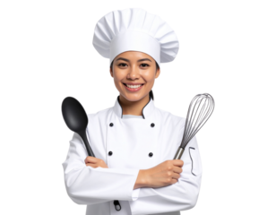 Smiling Chef in Beret with Arms Crossed Holding Whisk and Spatula, White Uniform, Isolated on Transparent Background PNG
