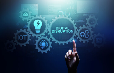 Digital Disruption. Disruptive business ideas. IOT internet of things, network, smart city and machines, big data, cloud, analytics, web-scale IT, Artificial intelligence, AI.