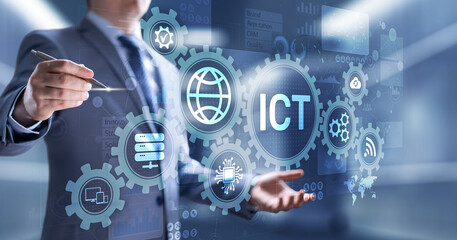 ICT - Information and communication technology concept on virtual screen.