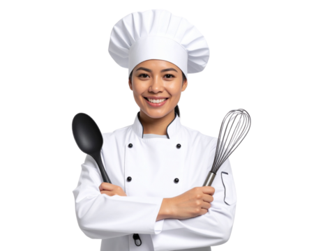  Smiling Chef in Beret with Arms Crossed Holding Whisk and Spatula, White Uniform, Isolated on Transparent Background PNG