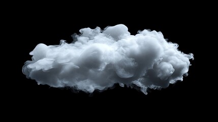 A stylized puff of white smoke appears suspended in time against a solid black background. The soft, fluffy texture and wispy edges are highlighted, with the smoke tapering off