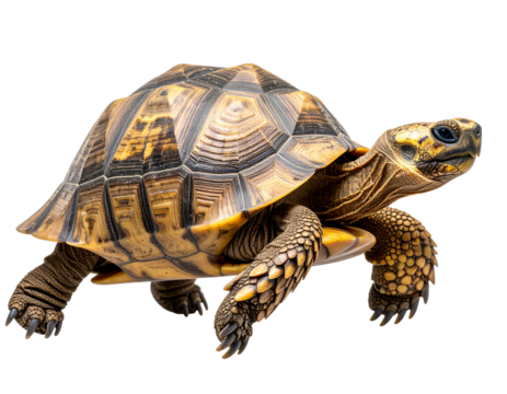 Perched Raven with Head Turned Backward, Close-Up Profile, Transparent PNG - Land Turtle Crawling Forward with Visible Shell Texture, Side Profile, Transparent PNG