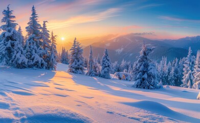 A beautiful winter landscape like a painting, with trees covered in thick snow, the ground is pure white, the air is fresh and cold, Winter panorama of snowy fields and small grove in middle of it