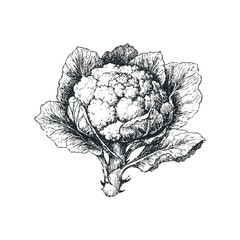 Detailed ink sketch of a fresh cauliflower with leafy green wrapper. Hand drawn vector illustration.