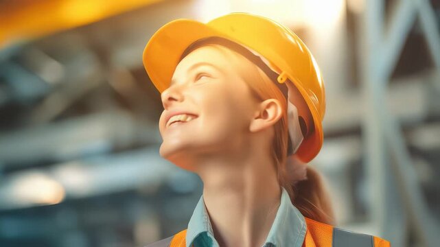A confident young woman smiles while wearing a safety helmet on a construction site, embodying empowerment and the evolving role of women in traditionally male-dominated fields.