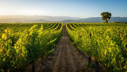 Picturesque vineyard landscape at sunrise with rolling hills grape vines rows and a solitary tree offering a serene and idyllic countryside scene