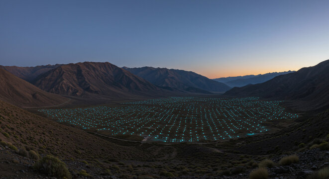 Glowing Mesh Network Lights Vast Mountain Valley at Twilight