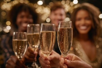 Champagne in glasses and friends at a party. Generative AI
