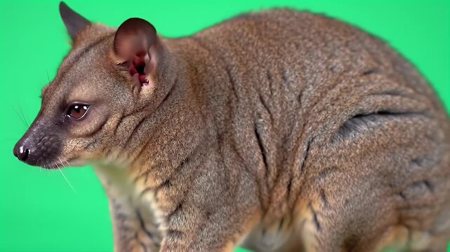 Curious Furred Mammal with Large Eyes Against a Vibrant Green Screen Background