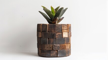 decorative pot made of reclaimed wood blocks on white background