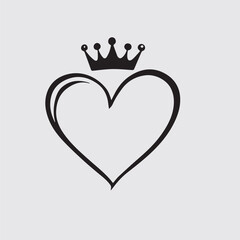 Heart with crown vector illustration in black outline style, ideal for love, royalty, tattoo, fashion, and romantic design themes
