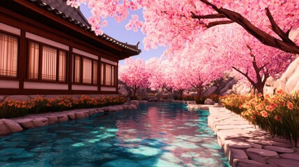 Serene cherry blossom garden with tranquil waterway, traditional architecture, and vibrant flowers in spring