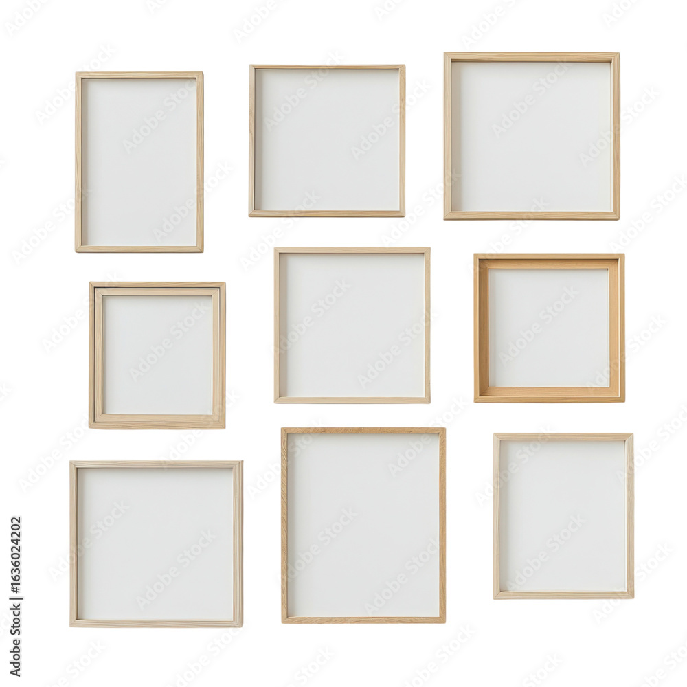 Poster empty picture frames arranged in a grid pattern. isolate on transparent background