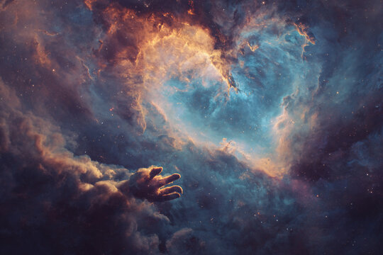 Vast colorful nebula in deep space with a glowing heart shape and a hand reaching out, cosmic wonder