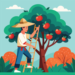 Farmer Picking Apples from Tree Illustration 