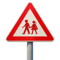 Pedestrian crossing warning sign with children isolated on transparent background