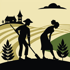 Silhouette Farmers Working in Field 