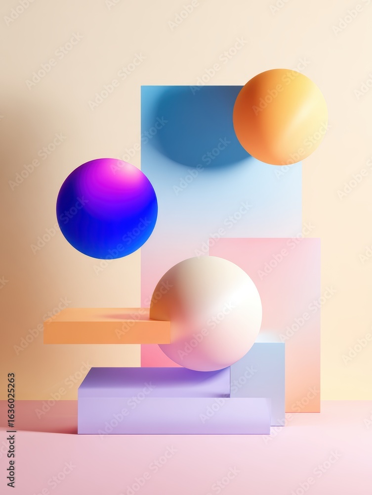 Poster abstract composition of colorful spheres and geometric shapes on a soft pastel background, creating 