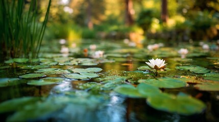 Fototapeta premium Tranquil pond scene with water lilies, lily pads, and lush greenery