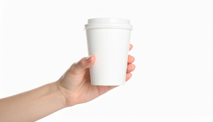 Hand Holding White Paper Coffee Cup Isolated on White Background