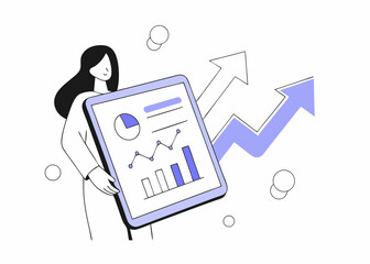 Fototapeta premium Woman holding a tablet displaying charts and data, with large arrows indicating speed, growth, and direction. Ideal for analytics, strategy, progress, goals, growth business planning simple flat