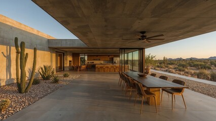 Modern luxury home exterior showcasing open plan living dining and kitchen areas with cactus garden and desert landscape