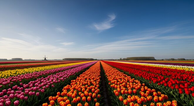 Vibrant Tulip Fields Stretching Towards the Horizon Under a Bright Blue Sky - Powered by Adobe
