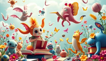 Naklejka premium A whimsical, vibrant back-to-school scene filled with fantastical creatures and floating books, bookshelf, fun