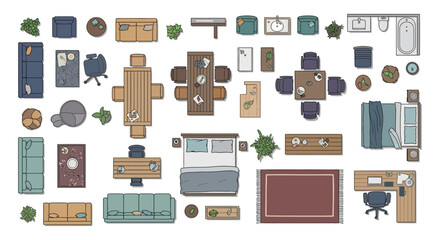 A versatile top-down collection of modern household furniture and decor elements, ideal for architectural plans, interior design, and home layouts.