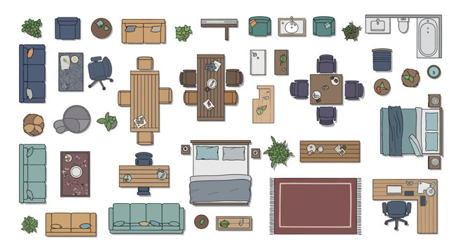 A versatile top-down collection of modern household furniture and decor elements, ideal for architectural plans, interior design, and home layouts.