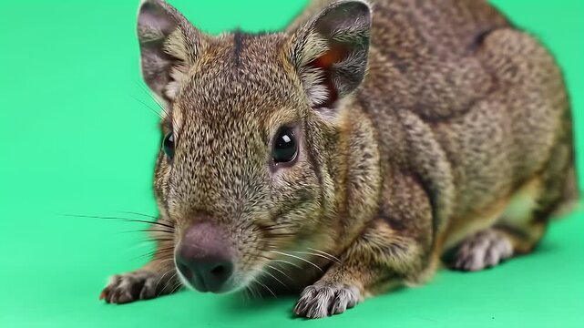Close-up Portrait of a Brown Degu Rodent with Large Eyes Against a Vibrant Green Studio Background, Capturing its Curious and Alert Expression