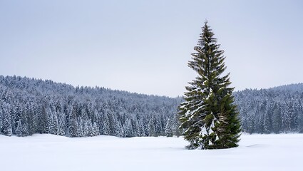 Fototapeta premium Snowy Winter Landscape with Evergreen Tree and Forest Covering Hills on Overcast Day Creating a Peaceful Scene for Holiday Images