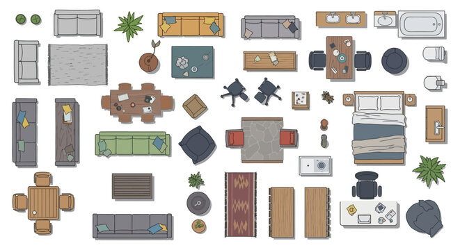A comprehensive top-down collection of modern interior design furniture elements for architectural floor plans and home decor layouts.