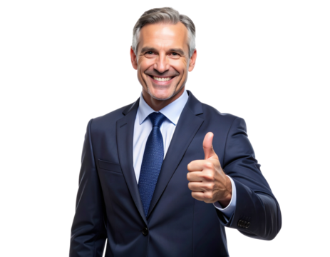  Smiling Mature Businessman Giving a Thumbs-Up, Wearing Suit Jacket, Looking at Camera, Isolated on Transparent Background PNG