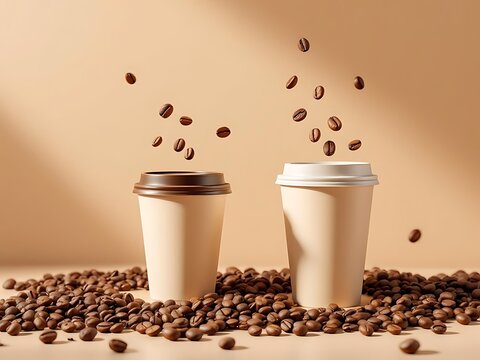 Realistic artwork of lidded takeaway coffee cups with roasted beans floating around, set against a beige backdrop, ideal for coffee branding and promotion