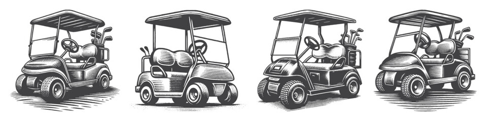 Vintage Hand-Drawn Golf Cart Illustration, Leisure Vehicle Engraved Vector for Sports and T-Shirt Design