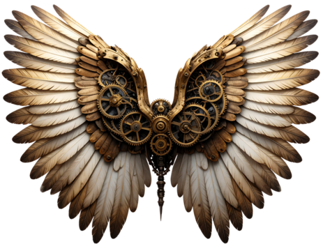 Clockpunk Mechanical Wing with Gears and Feathers, isolated on a transparent background
