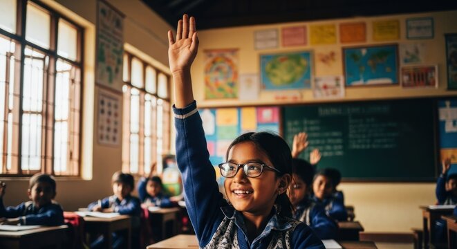 Bright classroom scene smiling girl raises hand among peers