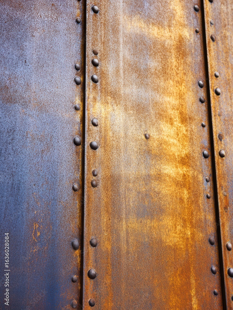 Poster close-up view of a weathered metal surface showcasing rust patterns and rivets, highlighting industr