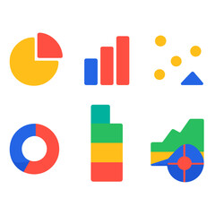 Geometric Chart Icons. Flat vector icons of geometric charts and visuals: pie segment, bar shape, scatter dot, linear triangle