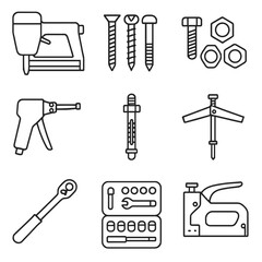 Obraz premium Fastening Tools Icons. Line style icons of fastening tools: nail gun, screw set, bolts and nuts, rivet gun, anchor bolt, toggle