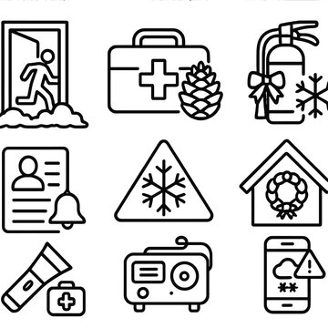 Festive Emergency Icons. Line style icons of festive emergency readiness: emergency exit with snow, first aid box with pine cone,