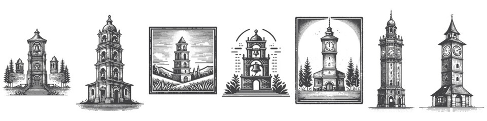 Fototapeta premium Vintage Hand-Drawn Clock Tower Illustration, Historic Landmark Engraved Vector for Cityscape and T-Shirt Design