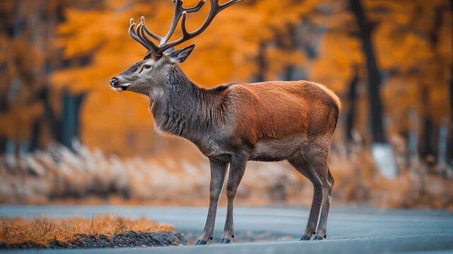 A majestic deer stands calmly in a serene autumn landscape, reflecting nature&rsquo;s beauty and tranquility while showcasing the grace and elegance of wildlife in its natural habitat.